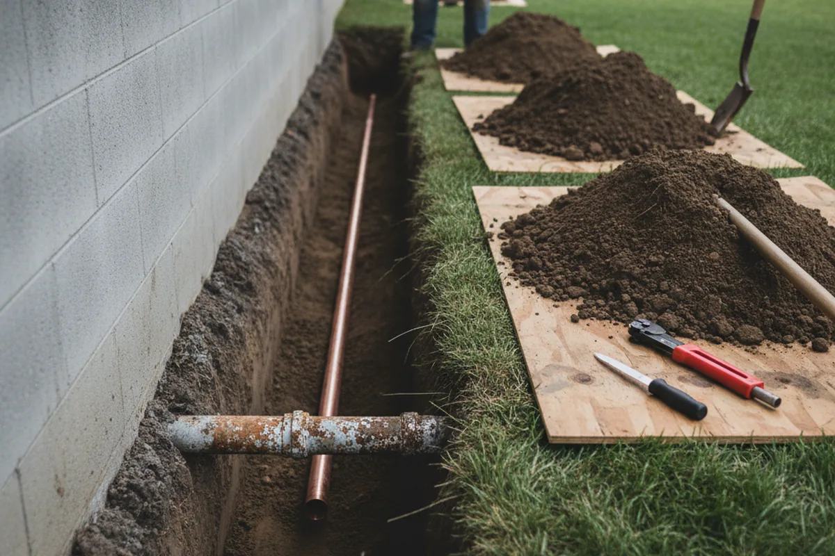Excavated water line trench during Sewer Line Repair in Bradford